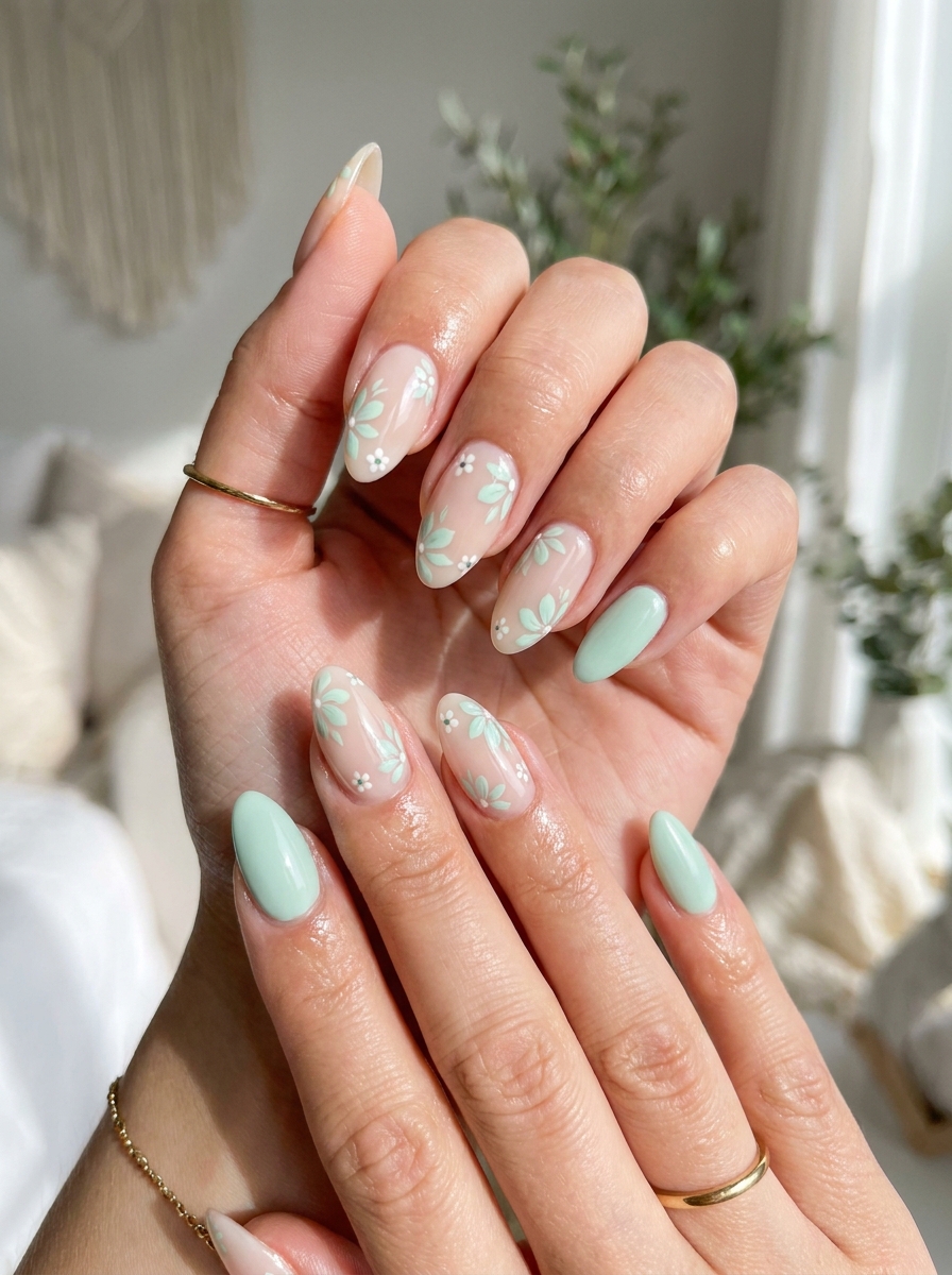 Mint Floral Nails